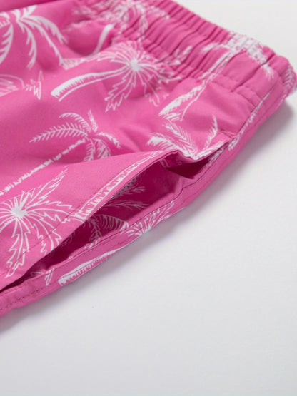 Men's Quick Dry Hawaiian Board Shorts With Pockets, Casual Coconut Tree Graphic Drawstring Swim Trunks For Summer Vacation Beach Pool Outdoor