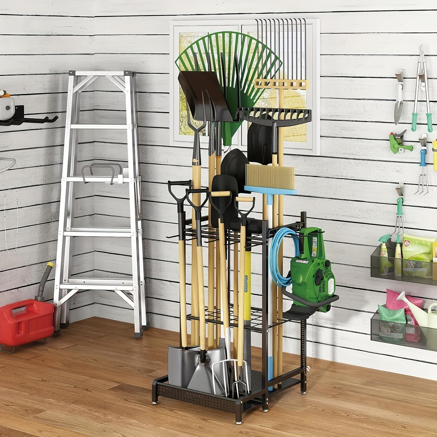 Faridabio Heavy-Duty Metal Garden Tool Organizer with Hooks - Multi-Tiered Utility Storage Rack for Long-Handled Tools, Broom, Shovel, Rake - Sturdy Outdoor Patio Storage Rack, Black (Assembly Required)