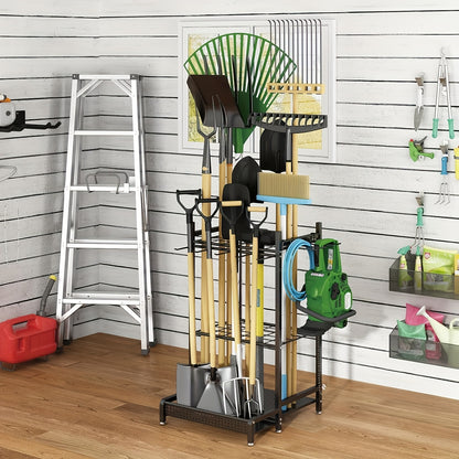 Faridabio Heavy-Duty Metal Garden Tool Organizer with Hooks - Multi-Tiered Utility Storage Rack for Long-Handled Tools, Broom, Shovel, Rake - Sturdy Outdoor Patio Storage Rack, Black (Assembly Required)