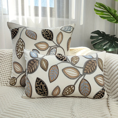 1pc Leaf Embroidered Decorative Throw Pillow Case, Canvas Cushion Cover For Living Room, Home Decor
