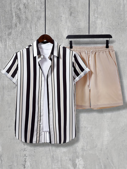 2pcs Men's Stripe Pattern Color Block Short Sleeve Button Shirt & Loose Shorts, Men's Casual Outfit For Summer Vacation