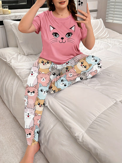 Women's Plus Size Cartoon Cute Cat Pajama Set