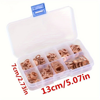 100pcs Copper Washer Gasket Nut And Bolt Set, Flat Ring Seal Assortment Kit With Box,/M5/M6//M8/M10/M12/M14 For Sump Plugs
