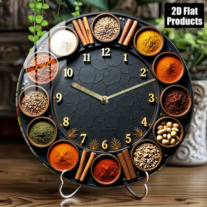 1pc 8-Inch Silent Round Wall Clock with Spice & Herb Design - Acrylic Quartz Movement, Golden Accents, Battery-Powered (AA Not Included) - Kitchen, Bedroom, Living Room, Kitchen Clock, Home Decoration, Decorative Timepiece, H