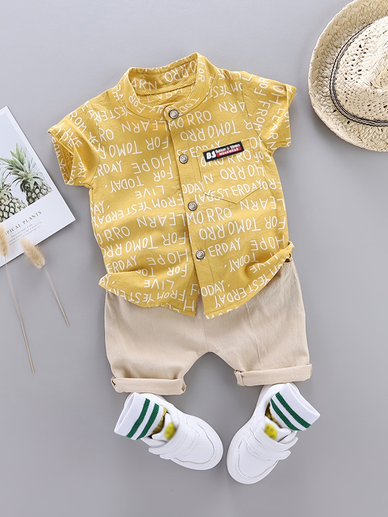 2pcs Baby Boys Dinosaur Print Button Short Sleeve Shirt Top & Elastic Waist Shorts Set Toddler Summer Clothes For Daily & Outdoor Wear