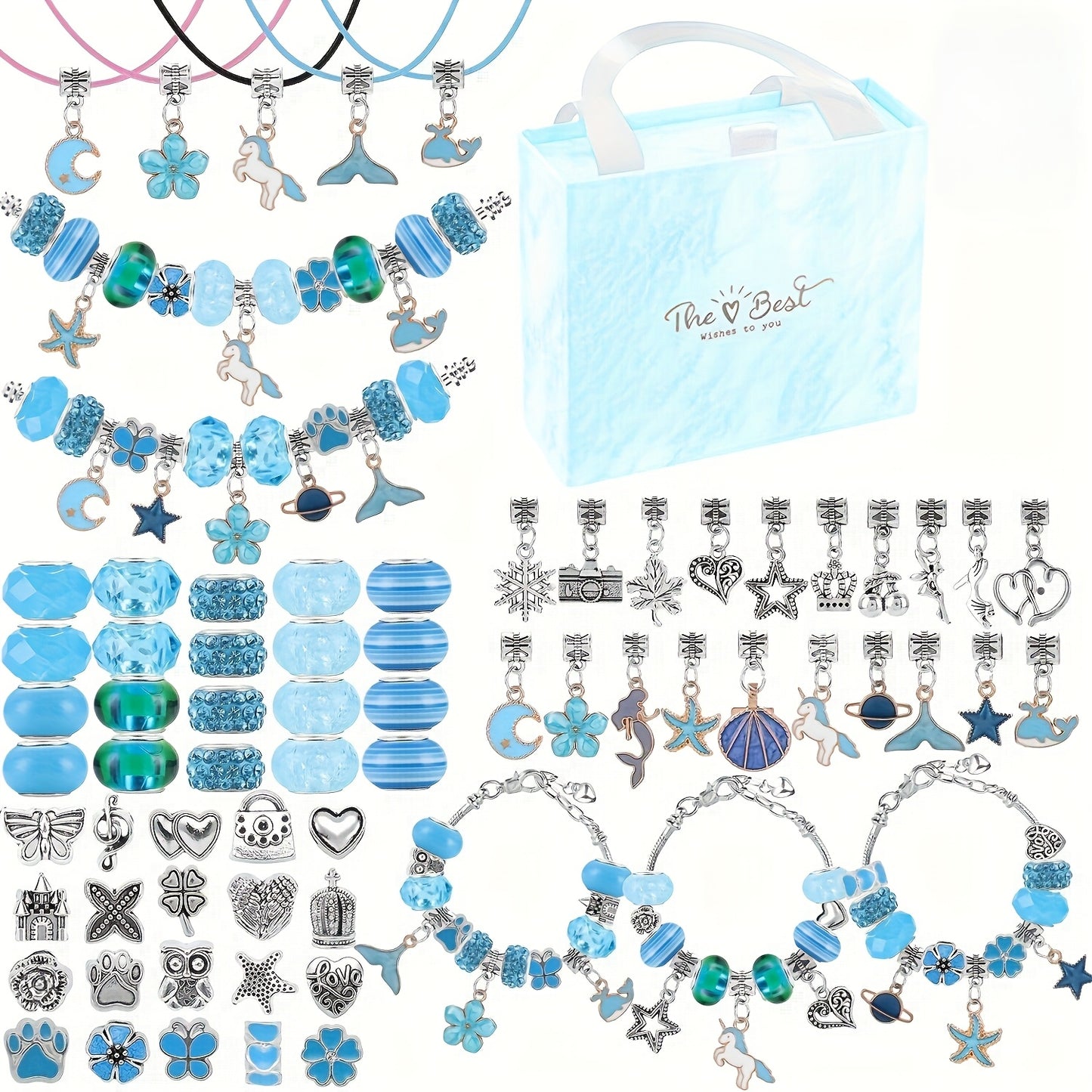 Kit de pulseiras DIY com 67 peças, incluindo 60 charms, 3 pulseiras e 3 colares. Ideal para presentes de aniversário, Natal, Ano Novo e Dia dos Namorados.