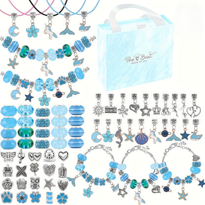 Kit de pulseiras DIY com 67 peças, incluindo 60 charms, 3 pulseiras e 3 colares. Ideal para presentes de aniversário, Natal, Ano Novo e Dia dos Namorados.