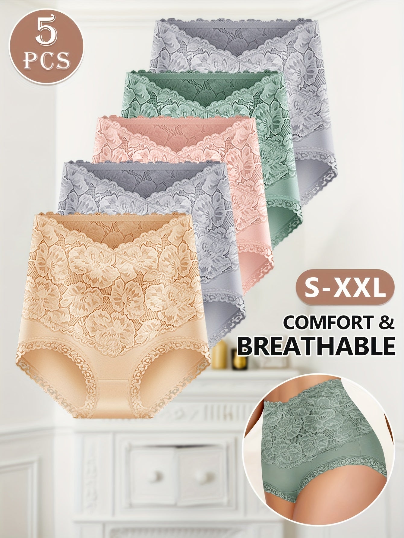 5pcs Women's High-Waisted Tummy Control Briefs - Soft Lace Trim, Butt-Lifting & Tummy Control, Elegant Lace Underwear For Everyday Comfort