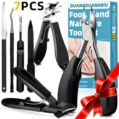 7pcs Stainless Steel Nail Care Kit for Ingrown & Thick Toenails - Heavy-Duty Clippers Set with Nail File, Cuticle Nippers, And Grooming Tools - Classic Black Handles for Men, Women, Seniors, Halloween Gift, DUANGDUANGBIU