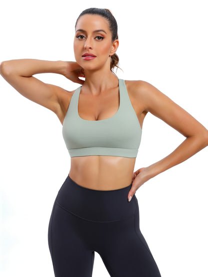LEOQ Women's Slim Fit Yoga Sports Bra - Elegant Cross-Back Design, Mint Green Nylon Spandex Blend, Removable Pads, Medium Support for Fitness & Yoga, LEOQ