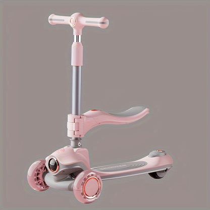 Kids Scooter with Foldable Seat & 2-in-1 Sit & Stand Modes, 5-Level Adjustable Handlebar, Pink with LED Lights & Music, 2-Wheel Stability, Front Brakes & Rear Suspension, Heavy-Duty Construction for Boys & Girls 3-12 Years (B