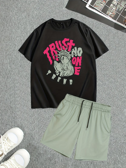 Men's Street Style Summer 2PCS Outfits, Male's Trend TRUST Graphic Short-sleeve Crew Neck T-shirt Drawstring Shorts Set, Casual Clothes For Men