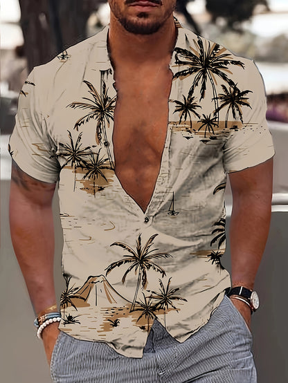 Camisa de homem de manga curta com estampado de coqueiros, ideal para o dia a dia em resorts e para a praia.