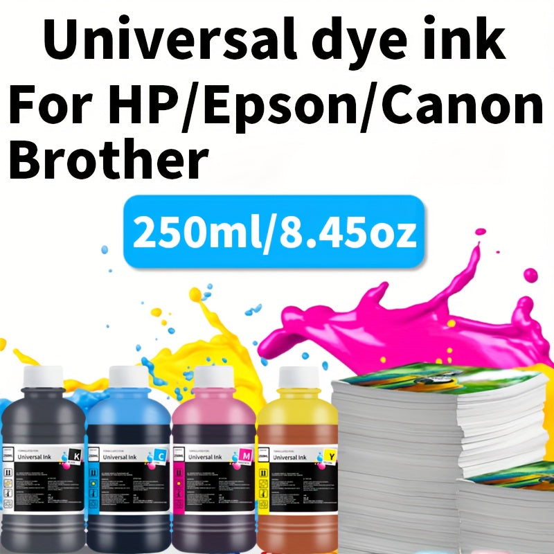Dye Ink Cartridge Filling for Canon, Epson, HP, and Brother Printers - 250ml/8.45oz Universal Ink Cartridge with 4 Color Options (Black, Blue, Pink, Yellow) for HP 301XL, 302XL, 305XL, 304XL, PG-545, CL-546, 245, 246, 745 - H