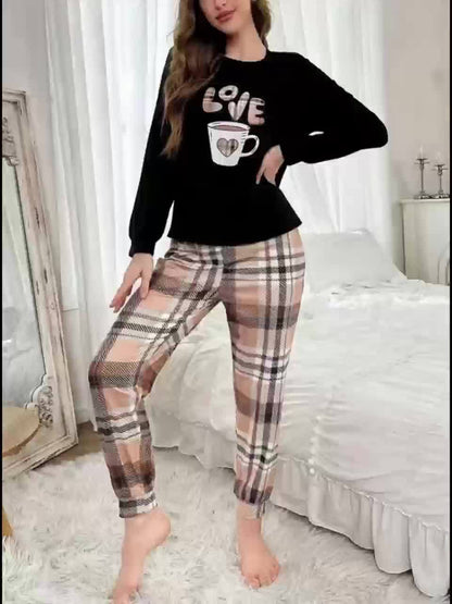 Women's Pajama Set with Long Pants and Long Sleeves, Plaid Letter Print for Autumn/Winter Season