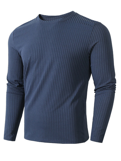 Ribbed Men's Casual Stretch Breathable Lightweight Long Sleeve Round Neck T-shirt For Spring Fall, Running Training