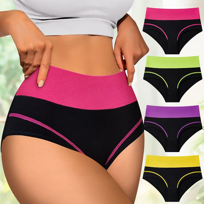 4-Pack High-Waisted Tummy Control Women's Panties, Fashionable Color-Block Comfort Fit Briefs