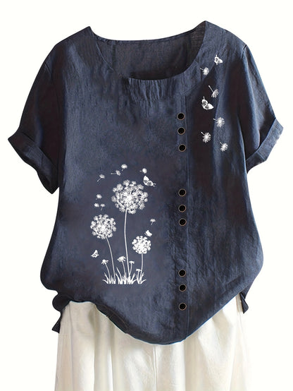 Dandelion Print Button Decor T-Shirt, Casual Crew Neck Short Sleeve T-Shirt For Spring & Summer, Women's Clothing