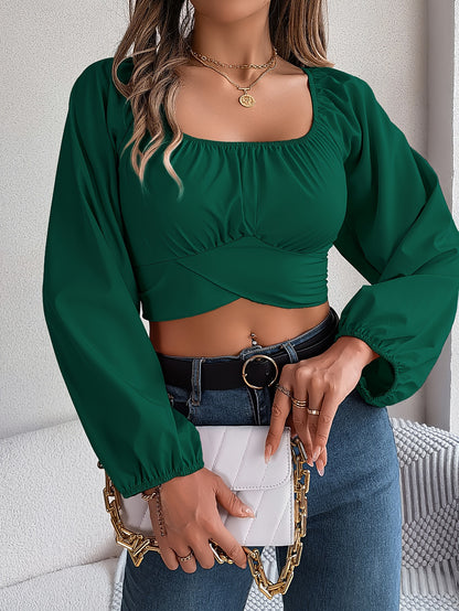 Square Neck Cross Tie Back Crop Blouse, Elegant Lantern Sleeve Slim Blouse For Spring & Fall, Women's Clothing