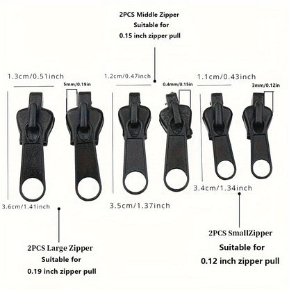 Kit de reparação instantânea de fecho com 6 peças, design universal e vários tamanhos, fecho de correr de substituição.
