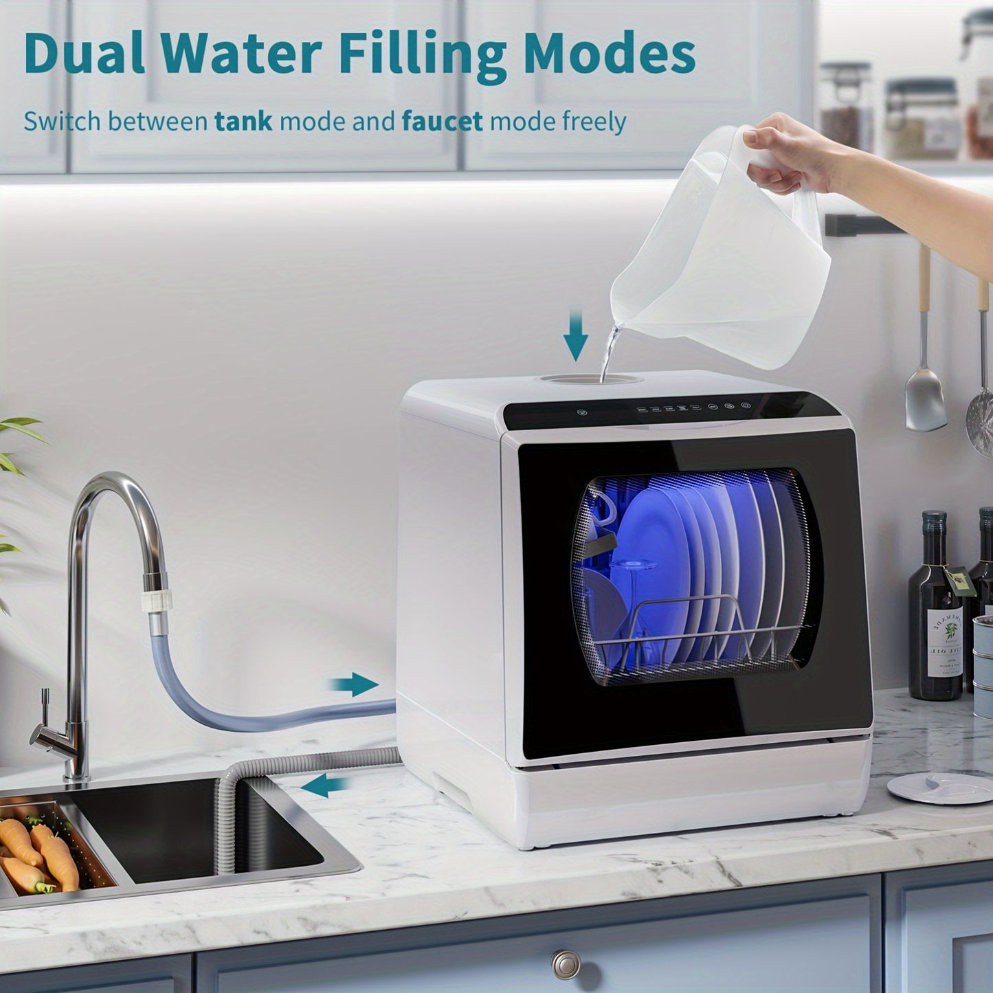 Independent Countertop Dishwasher, 5+1 Wash Programs, Built-in 5L Water Tank, Two Water Supply Modes, With Hot Air Drying And Automatic Ventilation Functions, Suitable For Homes, Apartments, And RVs.