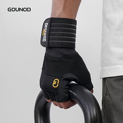 1 Par de Luvas de Halterofilismo GOUNOD - Reforço na virilha do polegar, Design resistente e antiderrapante, Fecho ajustável com velcro, Preto com detalhes em amarelo para fitness, desporto e musculação, acessórios para halterofilismo, luvas desportivas