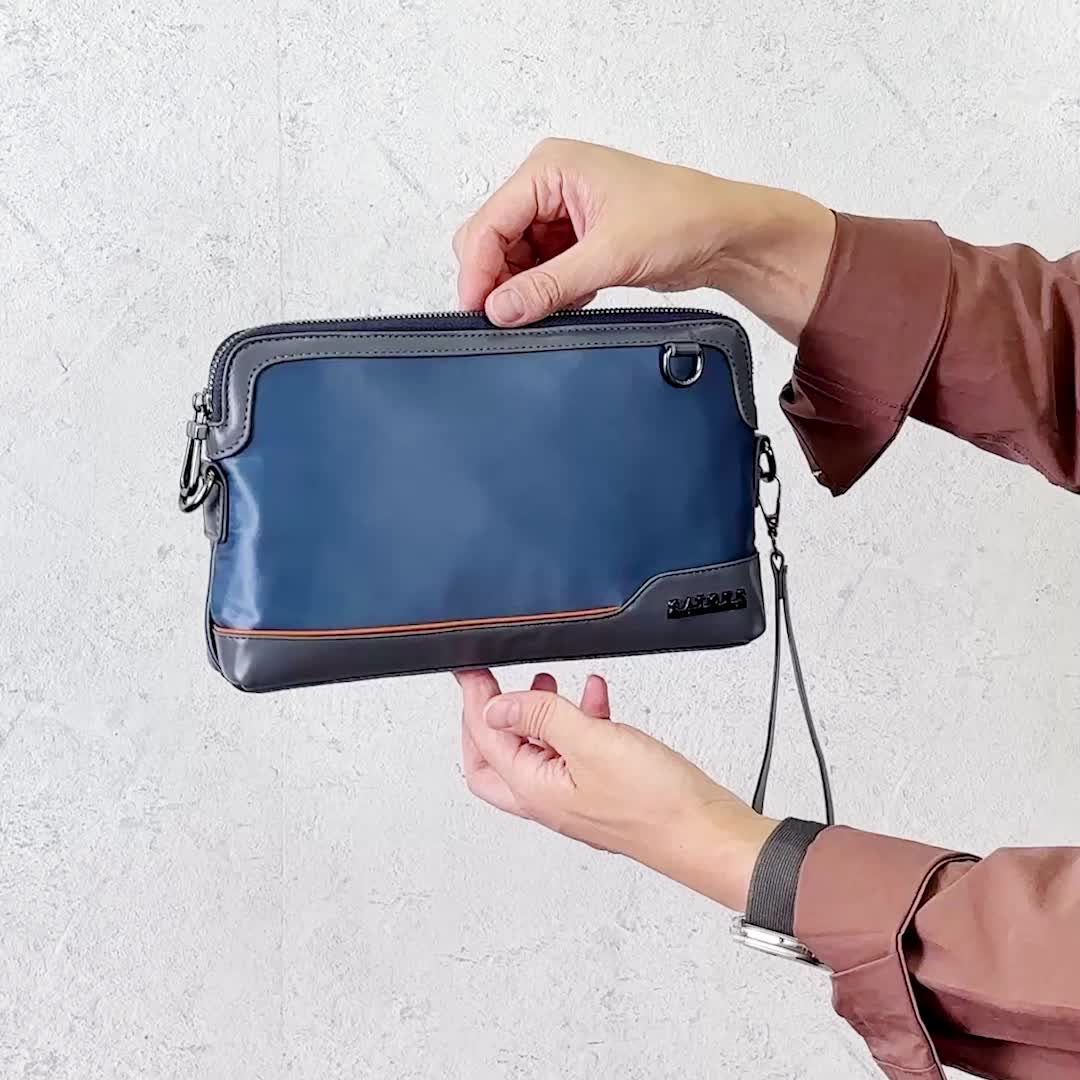 Men's Luxury Multi-Functional Handbag & Wallet in One - Dark Navy Blue/Black with Golden-Tone Hardware, Soft Silky Texture, Golden-Tone Hardware, Zipper Closure & Detachable Strap - Travel, Commute, Formal & Everyday Use - Id