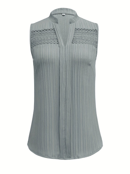 Lace Stitching V-neck Blouse, Elegant Sleeveless Top For Spring & Summer, Women's Clothing