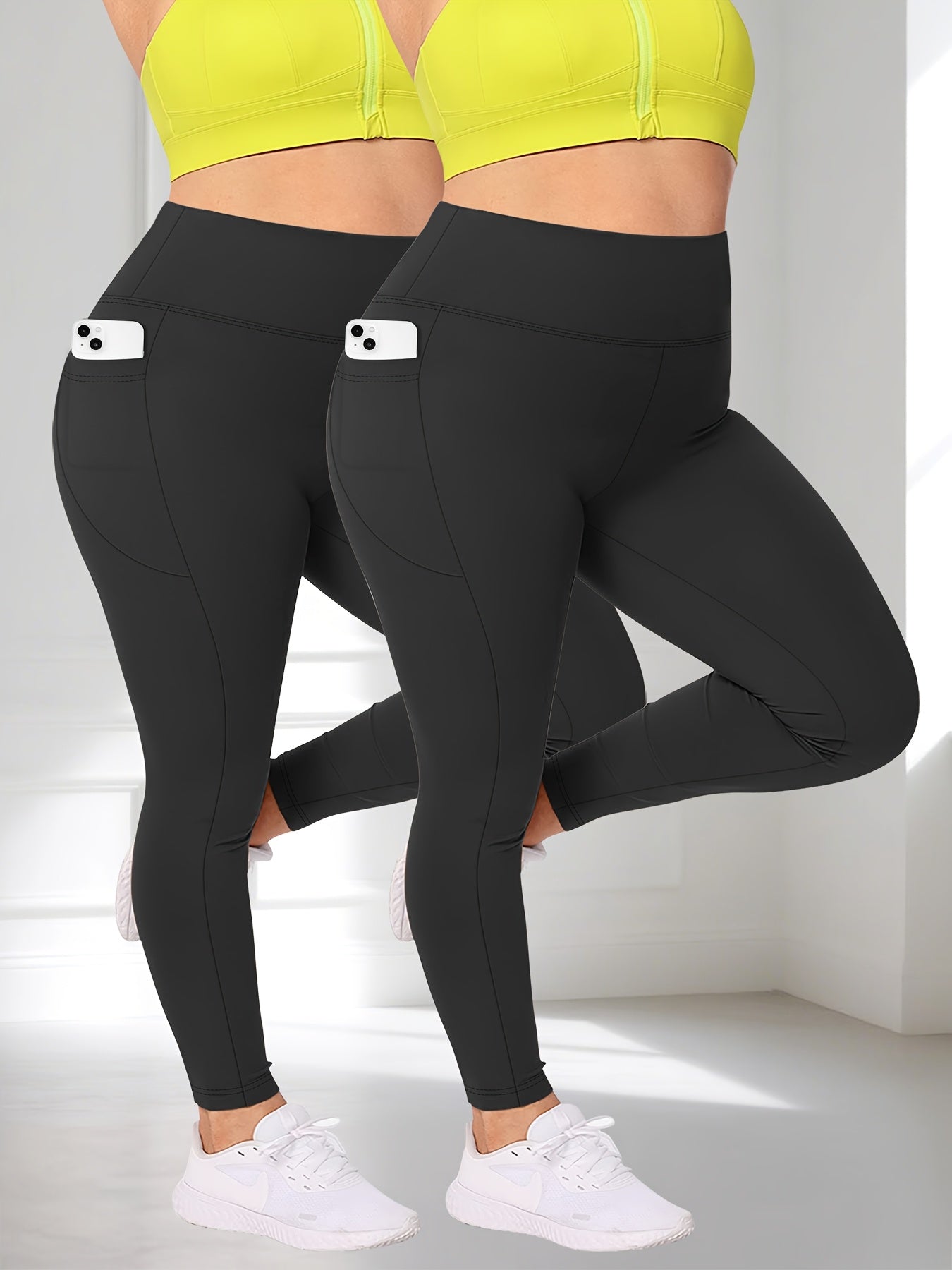 Plus Size - Two-piece set - Plus Size Crescent Pocket 9-Inch Pants (Discounted Promotional Model) - Belly Tight-Fitting Leggings with Pockets High-Waisted Pants for Women and Fitness