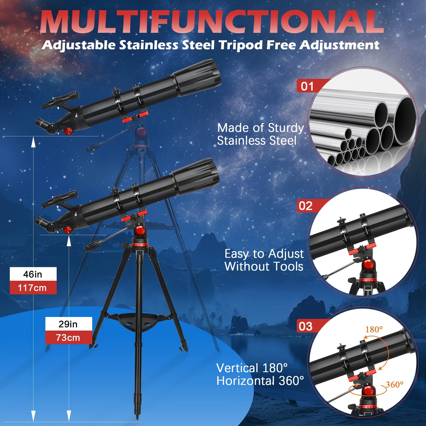 Telescópio refrator profissional com ampliação de 450x, abertura de 90 mm, revestimento completo de 900 mm, alta transmitância, montagem AZ e suporte para telemóvel para observação da lua, pássaros e estrelas - Presente ideal para o Natal e aniversários.