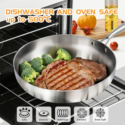 3pcs Sunfiona 316 Stainless Steel Bright Surface Frying Pan, Three-Layer Steel Material, Uncoated Frying Pan, Long-Handled Frying Pan, Wok, Suitable for A Variety Of Induction Cookers, Ovens, Fast Heating, Dishwasher Safe, Ho