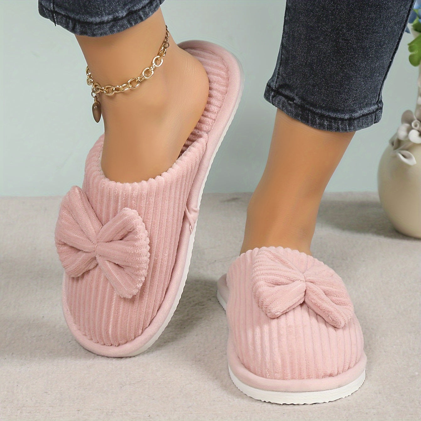 Cute Bowknot Soft Sole Fuzzy Slippers, Winter Cozy & Warm Slip On Plush Shoes, Comfy Closed Toe Home Slippers