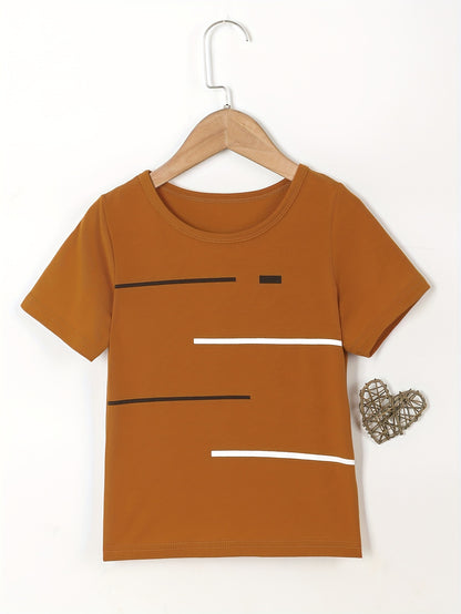 2pcs Set of Boys' Summer Striped Print Round Neck Short Sleeve T-shirt and Casual Shorts