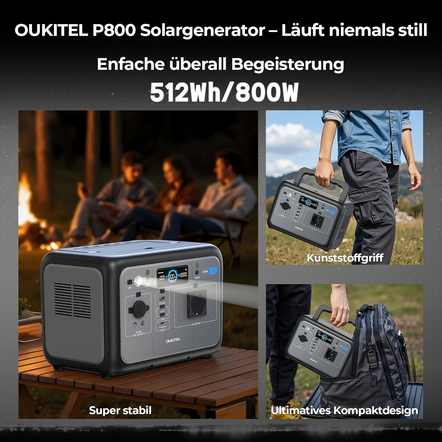 OUKITEL P800 Portable Power Station - 512Wh Solar Generator with 800W AC Output, 1600W Surge, 0.9H Fast Charge, LiFePO4 Battery, USB-C PD 100W, European Plug - For Camping, Rv, Emergency Power Supply, Outdoor, Traveling, Fish