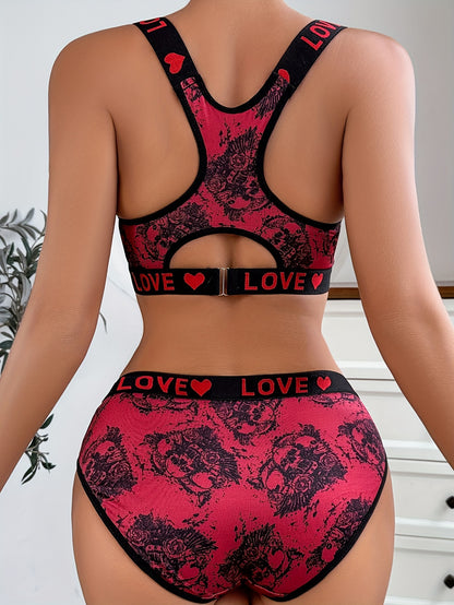Conjunto de lingerie desportiva elegante em mistura de poliéster para mulher - sutiã desportivo vazado e cuecas de cintura média com estampado de corações aleatórios, tecido de malha, suporte médio, sem copa (95% poliéster, 5% elastano)