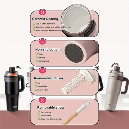 800ml/1200ml Large Capacity Ceramic Coating Liner Stainless Steel Cup Vacuum Keep Warm Cold Mug Cup with Straw Lid Handle for Coffee Coke Carbonated Beverages Ice Leakproof for School Office Outdoor Yoga sports, Travel Coffee