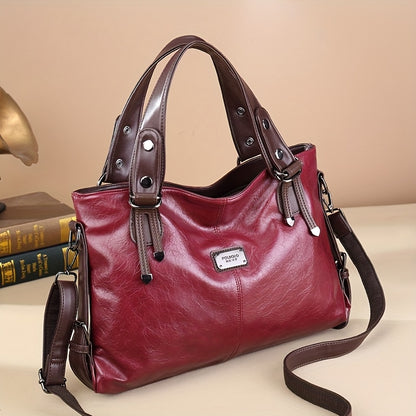 Women'S Vintage Handbag with Adjustable Shoulder Strap, Multiple Pockets & Soft Oil Edge Detail - Burgundy Polyester Lining, Zipper Closure, Elegant Accessory for Mother'S Day Gifts, Elegant Handbag | Vintage Tote Design | So