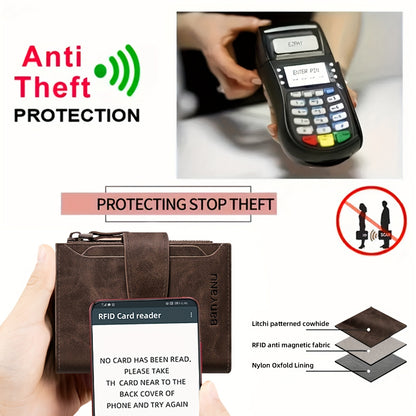 BANYANU Vintage Genuine Leather Wallet for Men - RFID Blocking, 17 Card Slots, Zippered Coin Pocket & Independent Card Holder, Brown, Perfect Father'S Day Gift, Secure Card Storage | Vintage Wallet | Durable Zipper Closure, B