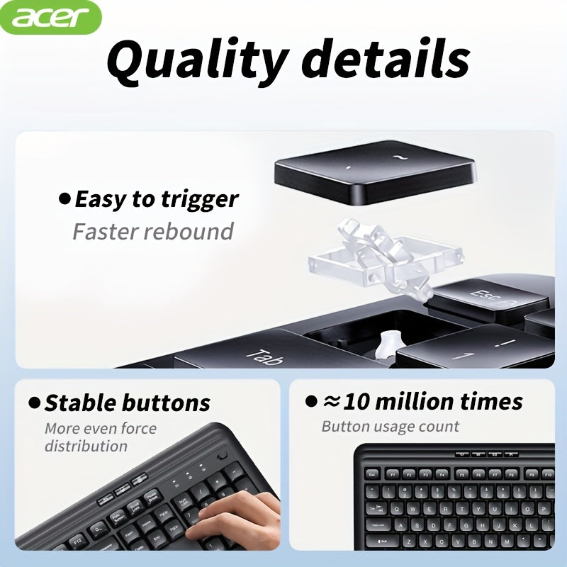 ACER Wireless Keyboard and Mouse Combo, Full-Size Quiet Ergonomic Keyboard Mouse Set, Compatible with Multiple Systems, Lightweight & Durable, Suitable for Office/Home Use