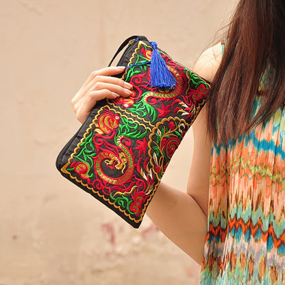 Retro Style Square Purse, Ethnic Style Phone Clutches, Floral Embroidery Handbag With Wristlet