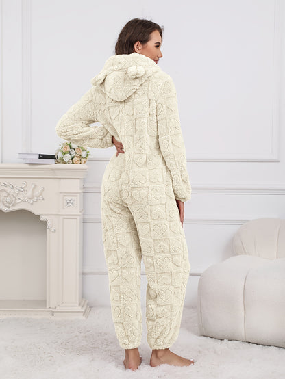 Macacão de senhora de lã macia com capuz - Macacão aconchegante de comprimento médio com fecho, estampado de corações, calças harém e lavável à máquina, ideal para o outono/inverno, vestuário de inverno, estampado divertido de ursos, tecido macio.