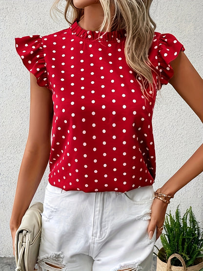 Polka Dot Print Mock Neck Blouse, Elegant Ruffle Sleeve Blouse For Spring & Summer, Women's Clothing