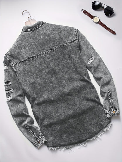 Men's Trendy Ripped Design Casual Button Up Long Sleeve Denim Shirt, Men's Clothes For Spring Summer Autumn, Tops For Men