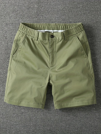 Men's Summer Micro-Elastic Casual Shorts - Four-Tenths Length, Olive Green, Mid-Rise Waist, Elastic Waistband, Side Pockets, Lightweight & Breathable for Casual Attire