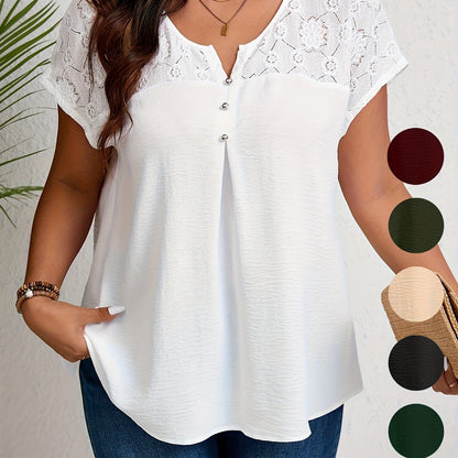 Women'S Plus Size Casual Top - Elegant Maroon Blouse with Contrast Lace Detail, Non-Stretch Fabric, Perfect for Spring/Summer/Fall, Plus Size Blouses