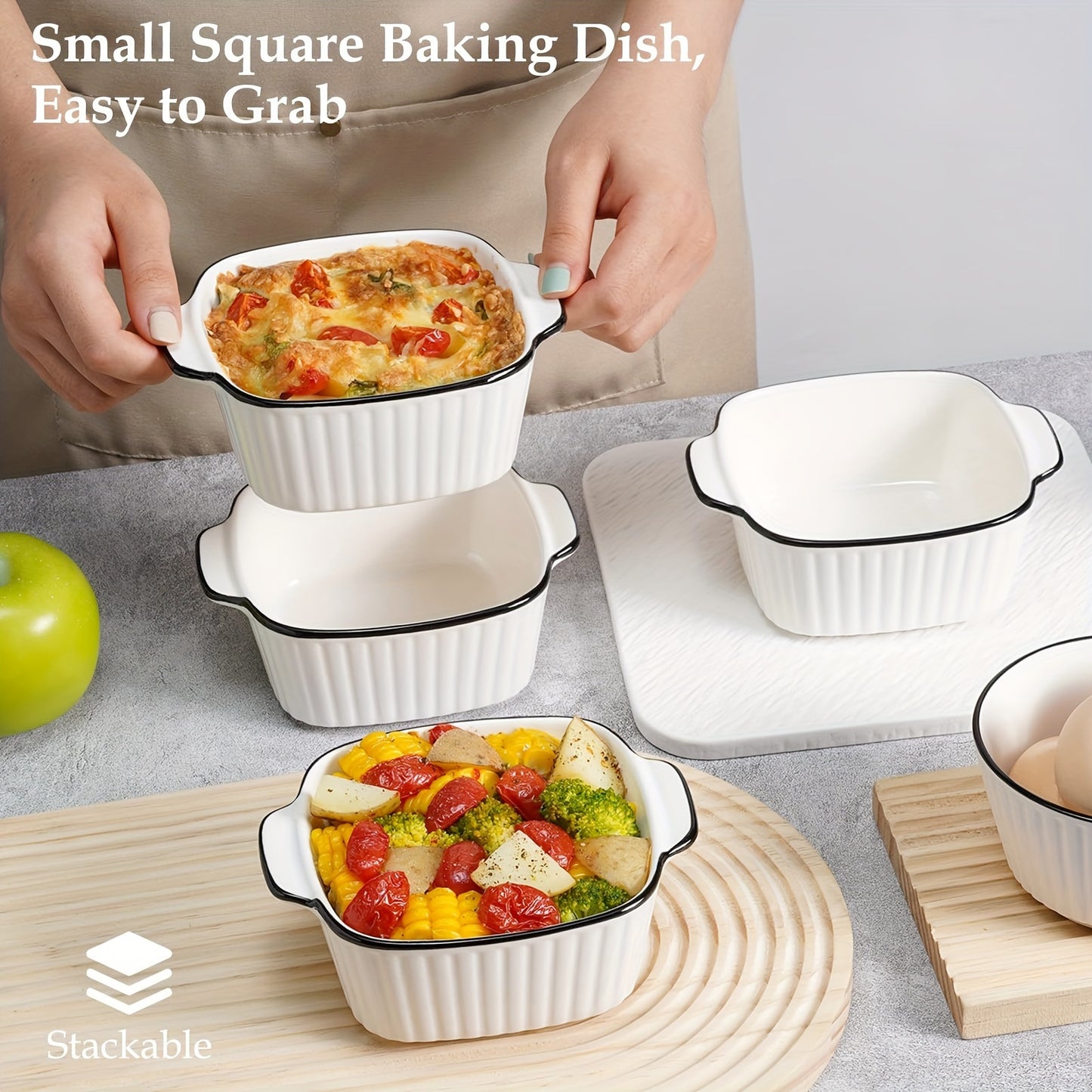 4pcs, 13oz ceramic baking dishes, black-rimmed square baking dishes, small baking dishes suitable for air fryers, ceramic bakeware with handles, oven-safe, microwave-safe, dishwasher-safe. Kitchen supplies. Dessert bowls. Fru