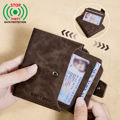 BANYANU Vintage Genuine Leather Wallet for Men - RFID Blocking, 17 Card Slots, Zippered Coin Pocket & Independent Card Holder, Brown, Perfect Father'S Day Gift, Secure Card Storage | Vintage Wallet | Durable Zipper Closure, B