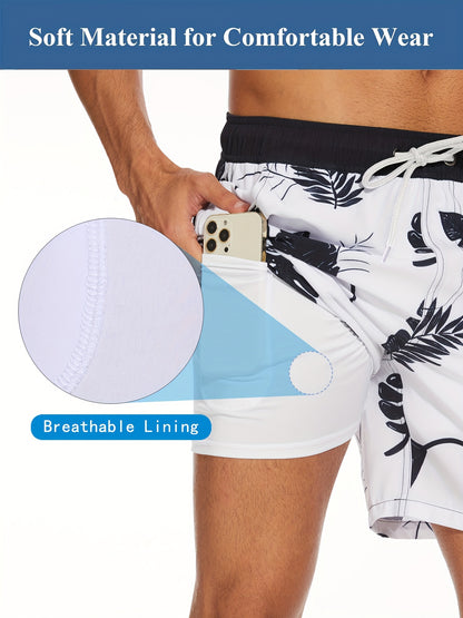 Men's Quick-Dry Beach Shorts with Tropical Palm Tree & Palm Leaf Print - Breathable Stretch Fabric for Summer, Outdoor, Hiking, Swimming - Machine Washable Casual Athletic Shorts, Outdoor Activewear, Summer Shorts