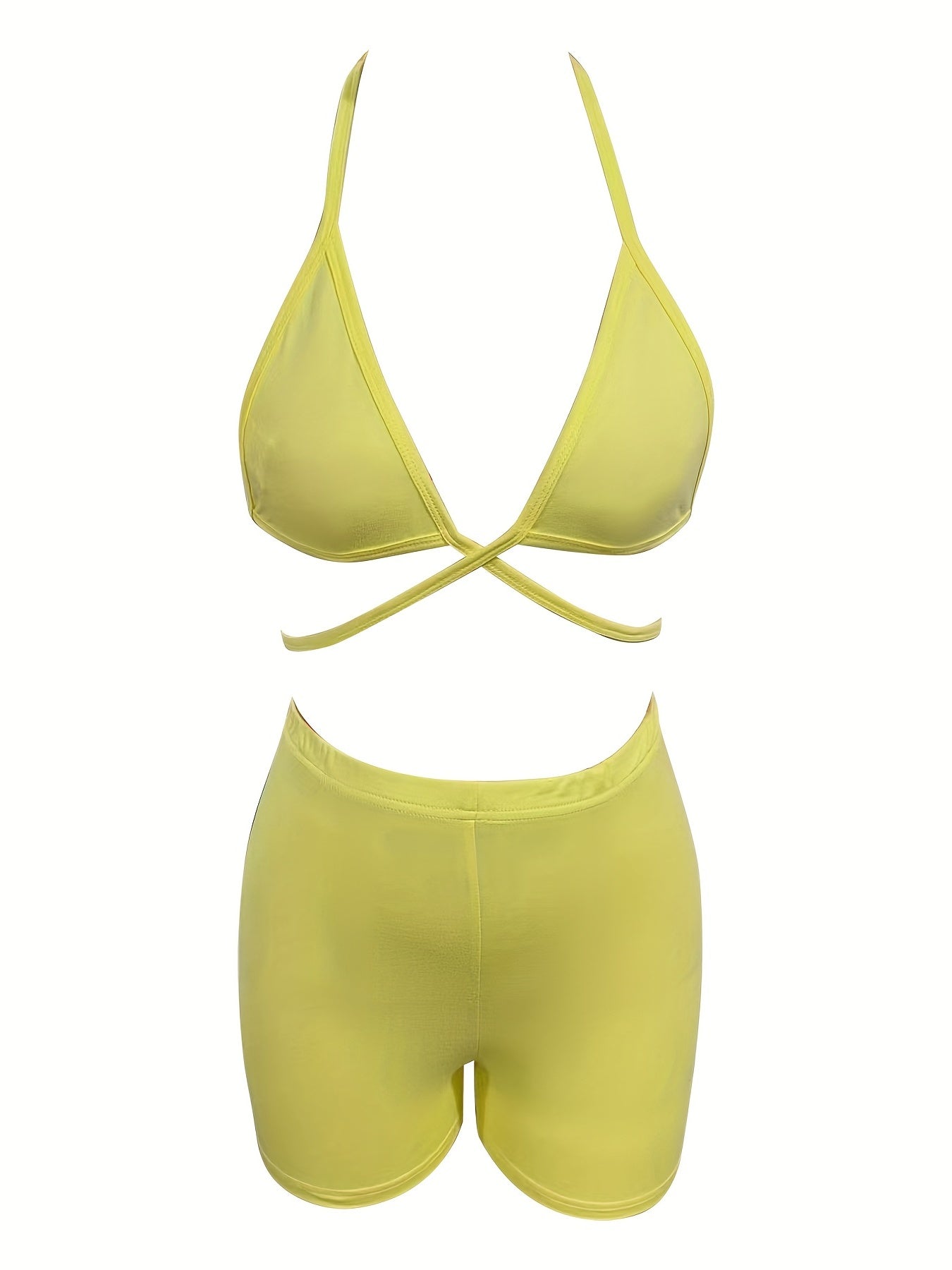 Sexy Solid Two-piece Set, Halter Neck Crop Top & Elastic Waist Shorts Outfits, Women's Clothing