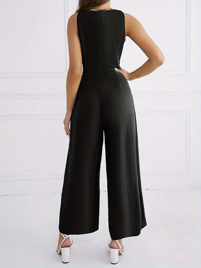 V Neck Knotted Jumpsuit, Casual Wide Leg Sleeveless Jumpsuit For Spring & Summer, Women's Clothing